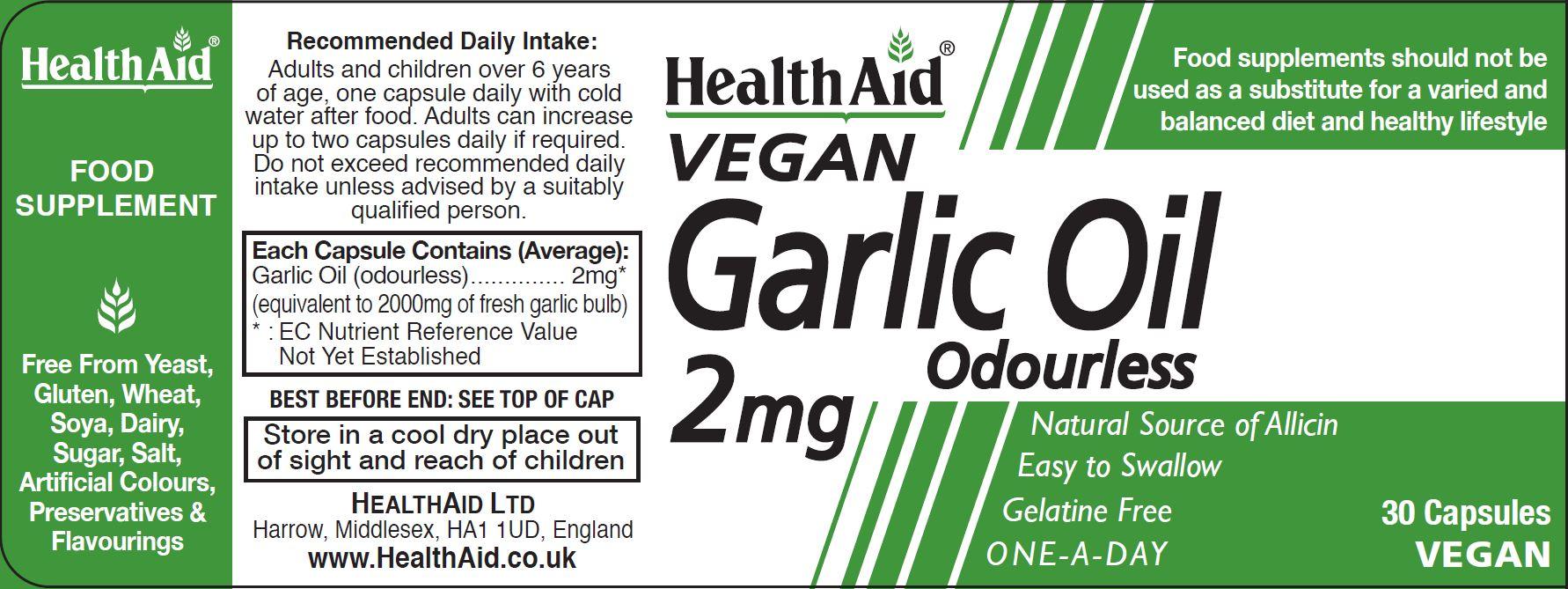 Health Aid Vegan Garlic Oil 2mg Odourless 30's - Approved Vitamins
