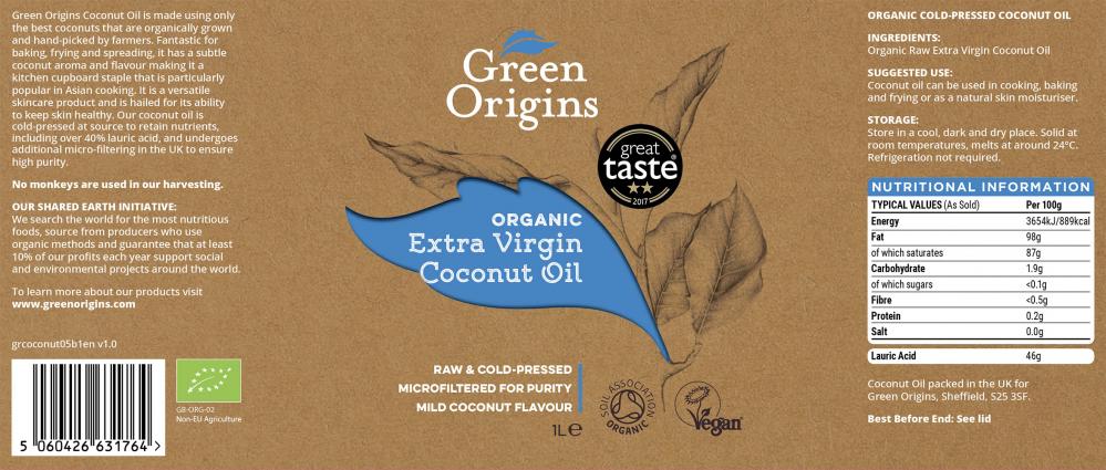 Green Origins Organic Extra Virgin Coconut Oil 1ltr (Glass)