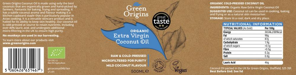 Green Origins Organic Extra Virgin Coconut Oil 500ml (Glass)