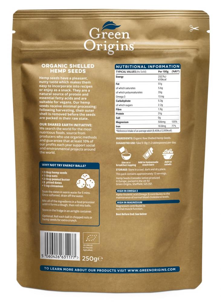 Green Origins Organic Shelled Hemp Seeds 250g