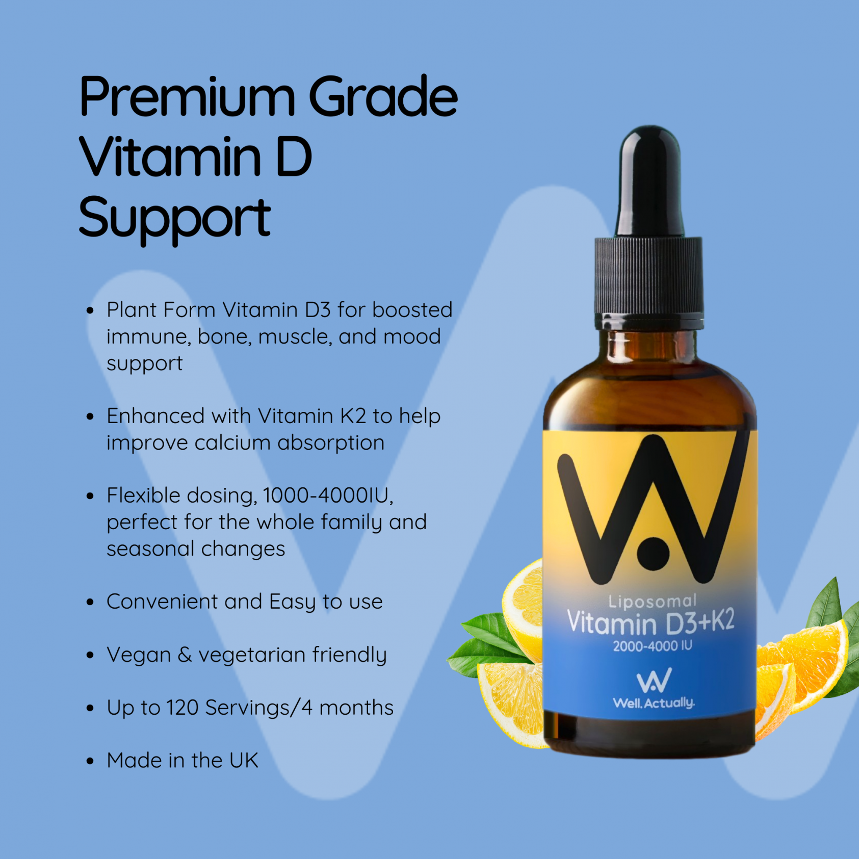 Well.Actually. High Absorption Liposomal D3+K2 Vitamin 2000-4000IU Summer Citrus Flavour 60ml