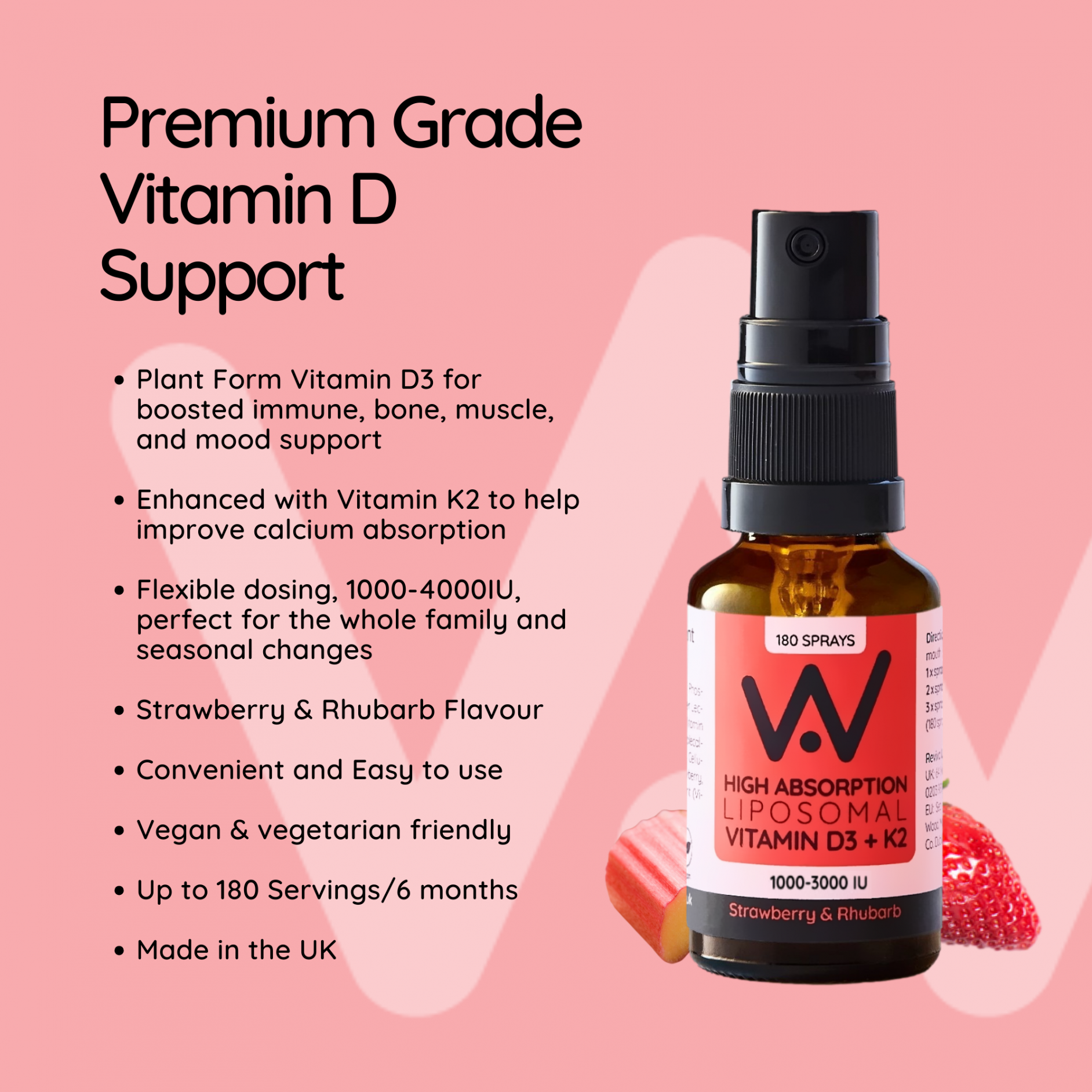 Well.Actually. High Absorption Liposomal Vitamin D3+K2 1000-3000IU Oral Spray Strawberry & Rhubarb 25ml