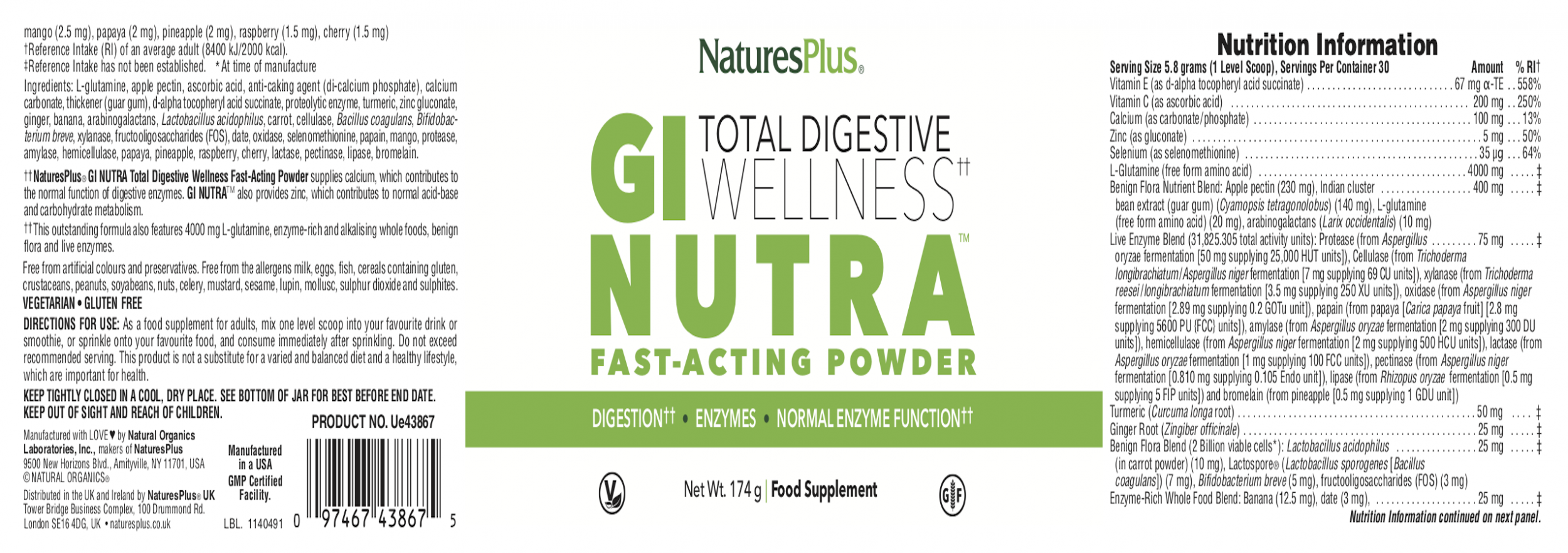 NaturesPlus GI Nutra Total Digestive Wellness Powder 174g