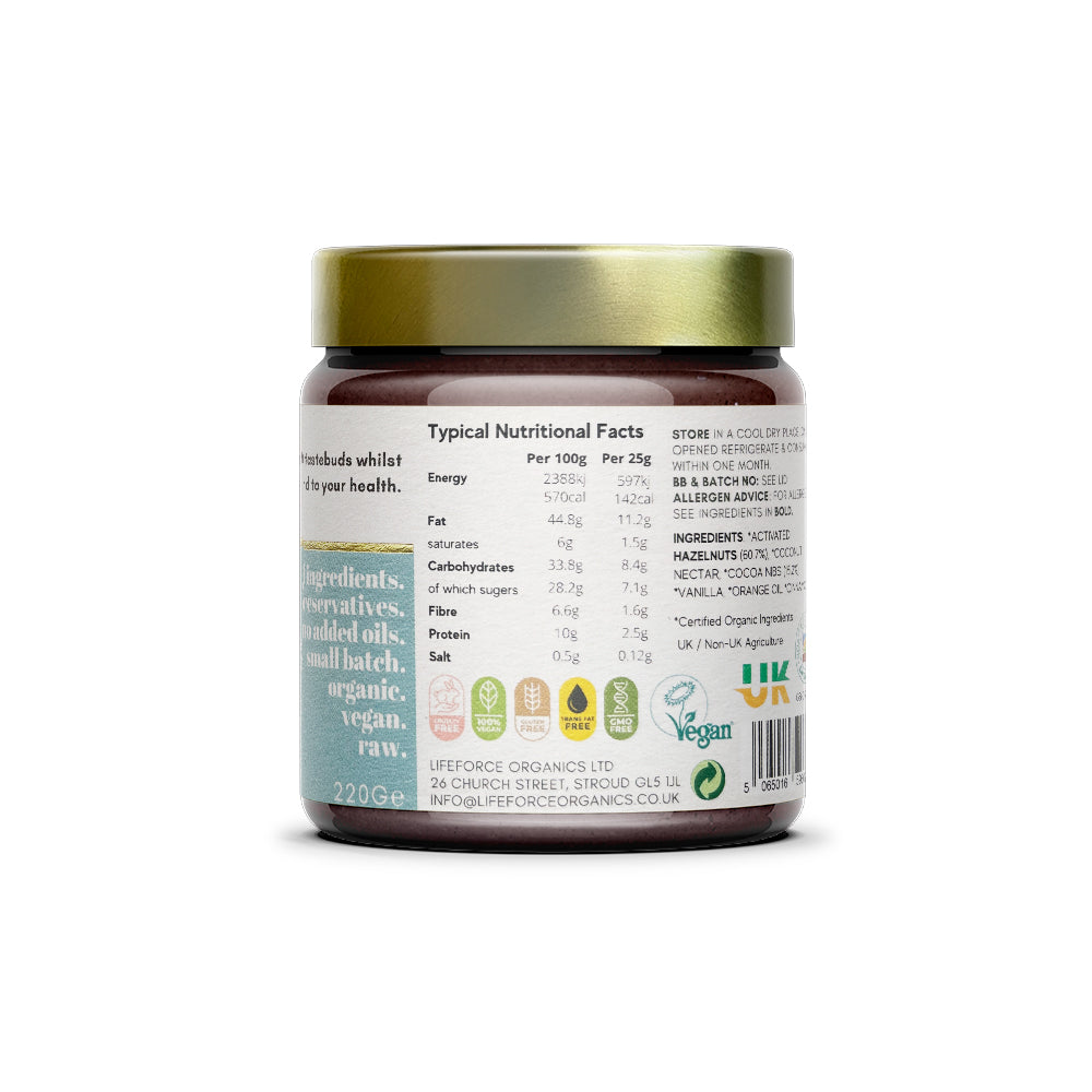 Lifeforce Organics Activated Raw Cacao Spread, with Orange Oil & Italian Hazelnuts 220g SINGLE