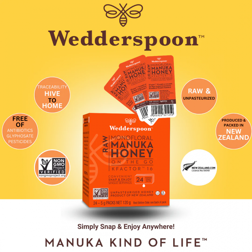 Wedderspoon Raw Monofloral Manuka Honey On The Go  K Factor 16  24's