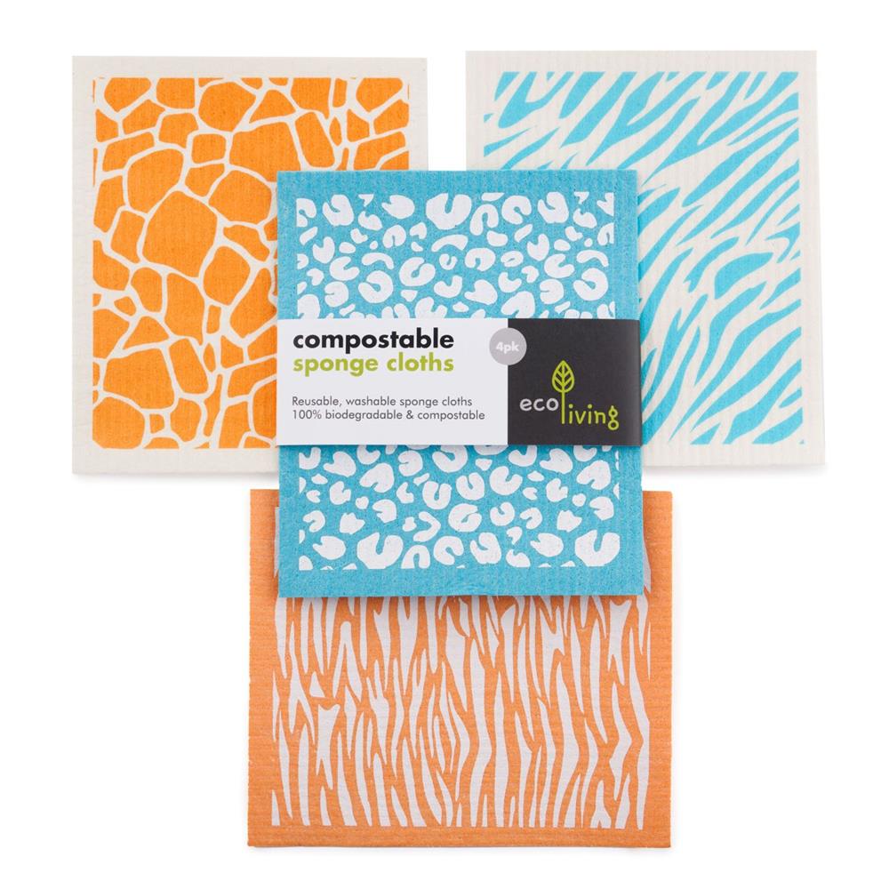 ecoLiving Compostable Sponge Cloths (4 Pack) (Animal Print)