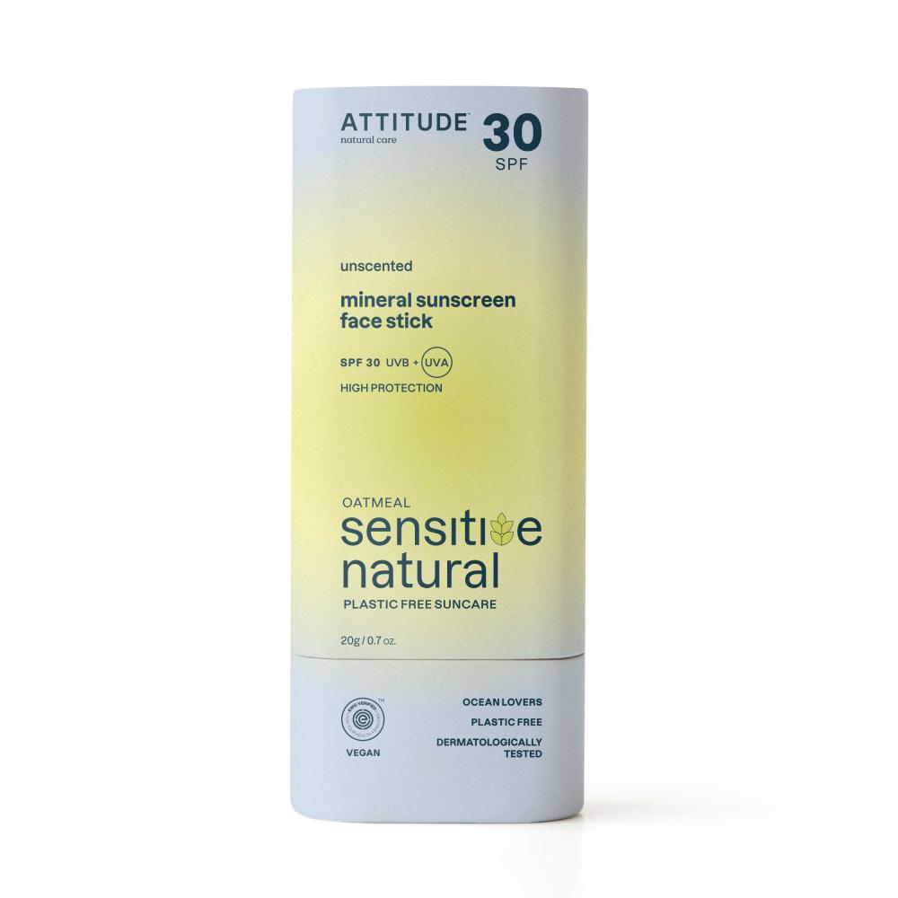 ATTITUDE 30 SPF Unscented Mineral Sunscreen Face Stick - Oatmeal Sensitive Natural 20g