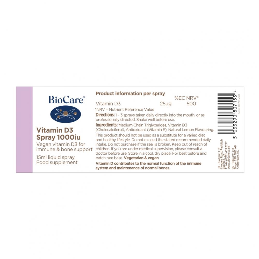 BioCare Vitamin D3 Spray 1000iu 15ml