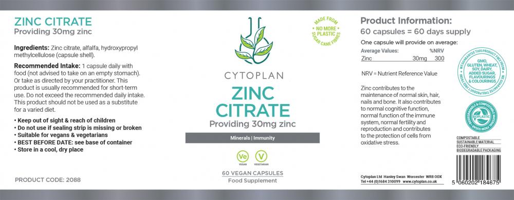 Cytoplan Zinc Citrate 30mg 60's