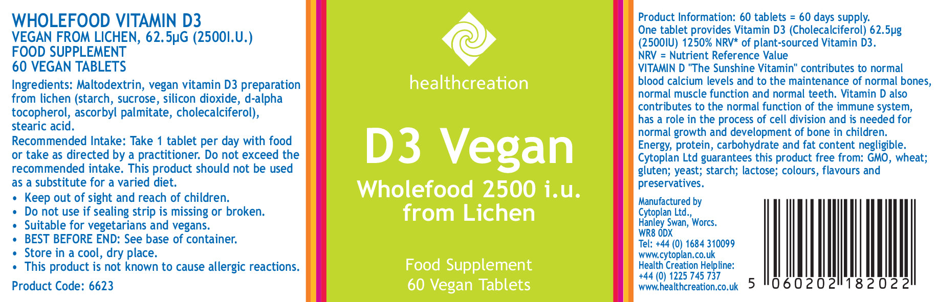 Cytoplan Health Creation D3 Vegan Wholefood 2500 iu from Lichen 60's