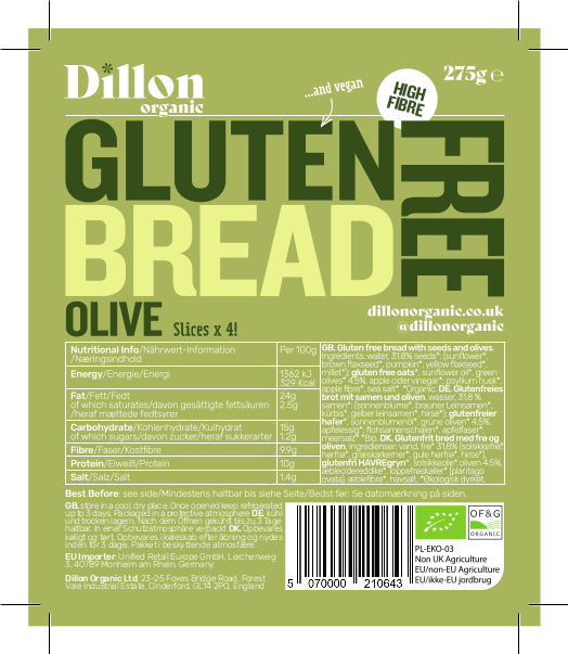 Dillon Organic Gluten Free Bread Olive 275g