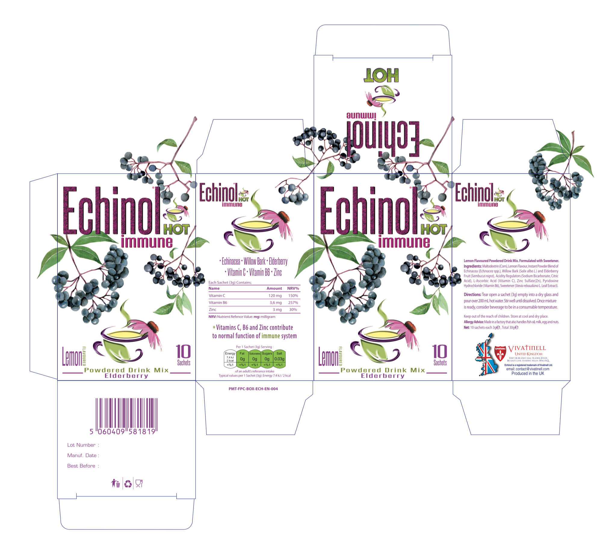 Echinol Hot Immune Powdered Drink Mix Lemon Flavoured with Elderberry 10's