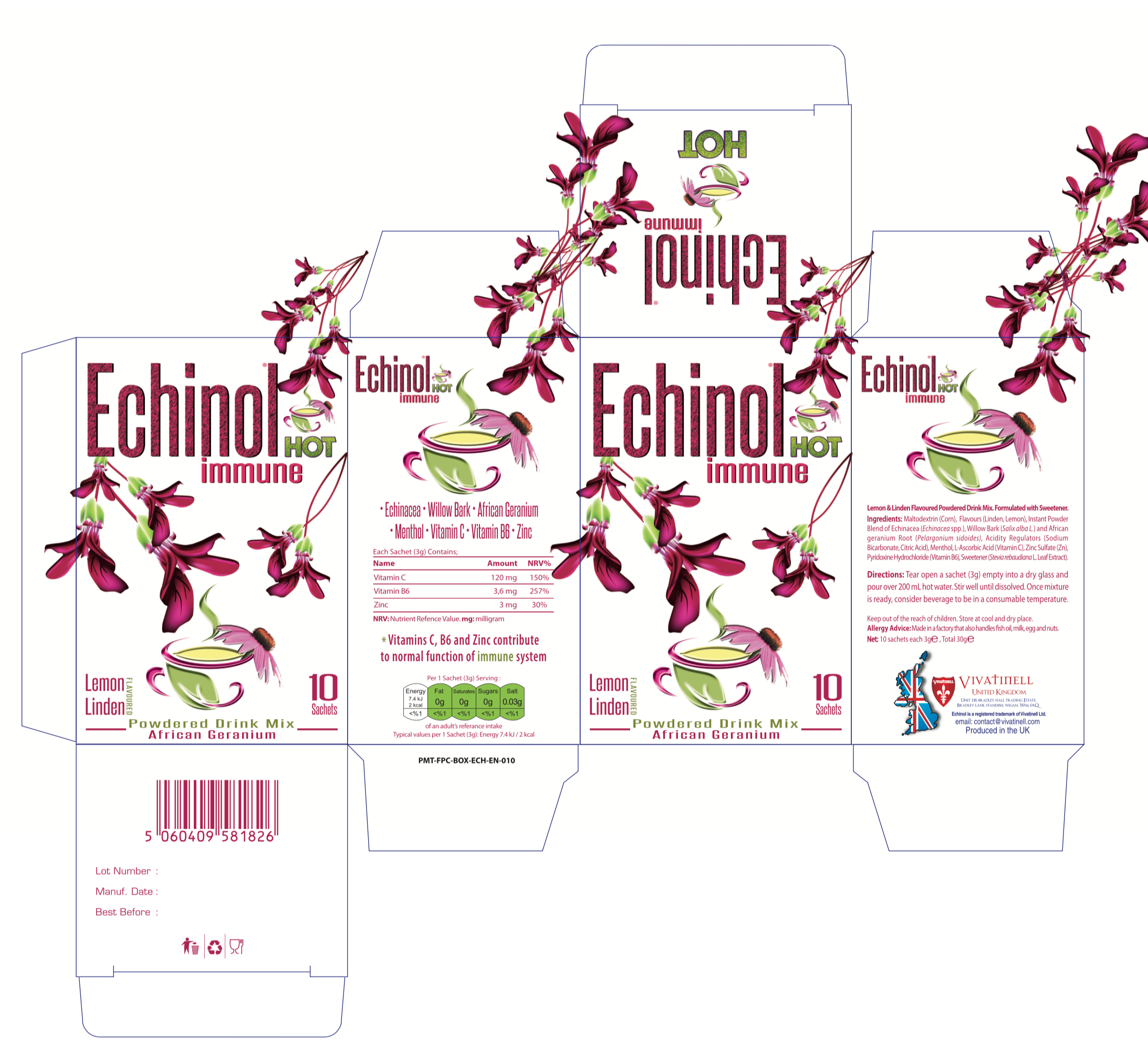 Echinol Hot Immune Powdered Drink Mix Lemon & Linden Flavoured with African Geranium 10's