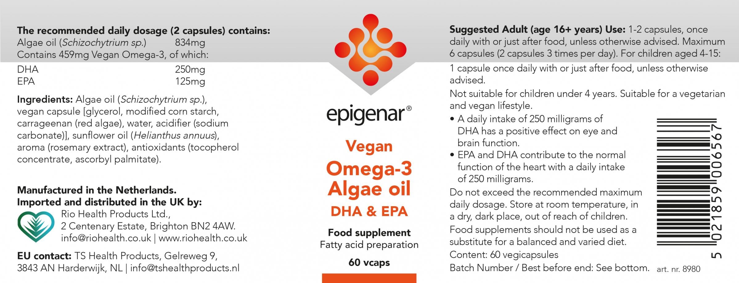 Epigenar Vegan Omega-3 Algae Oil DHA & EPA 60's