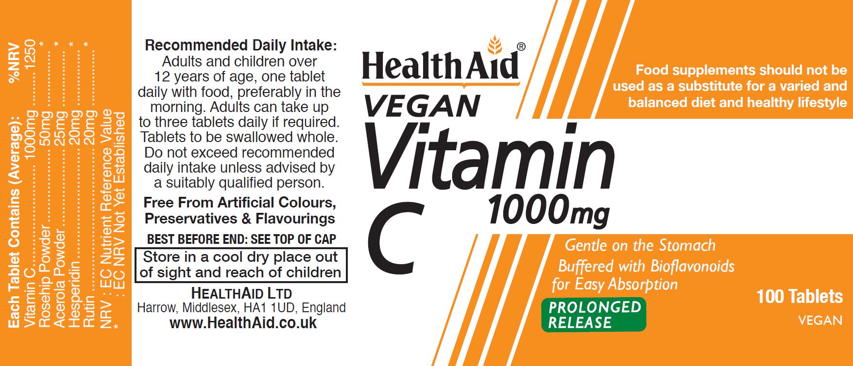 Health Aid Vegan Vitamin C 1000mg Prolonged Release 100's