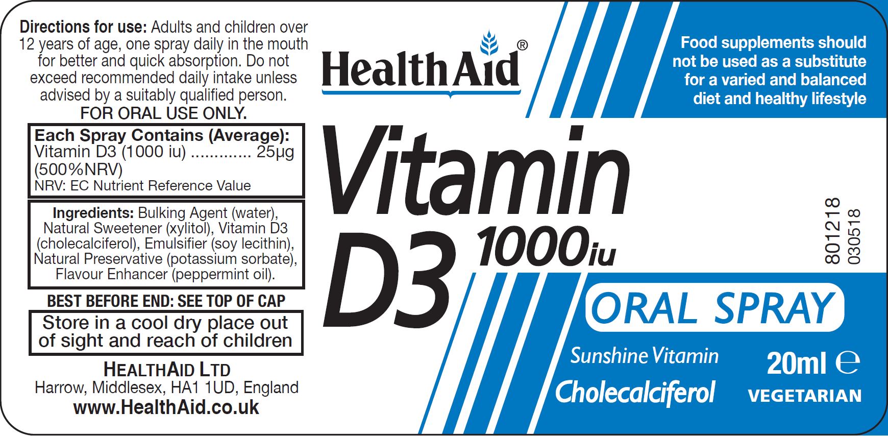 Health Aid Vitamin D3 1000iu Oral Spray 20ml