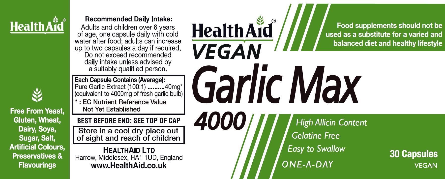 Health Aid Vegan Garlic Max 4000 30's  (Formerly Maxi Garlic 4000)