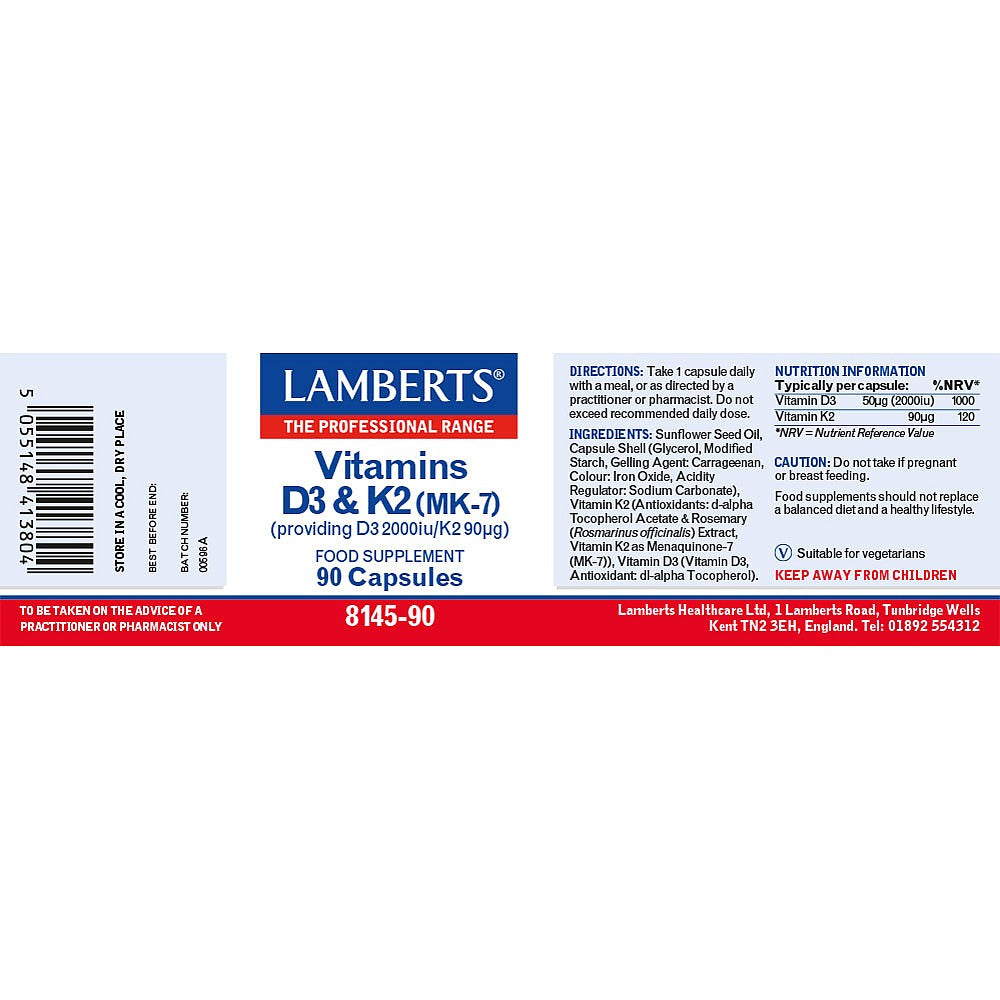 Lamberts Vitamins D3 & K2 (MK-7) (D3 2000iu/K2 90ug) 90's