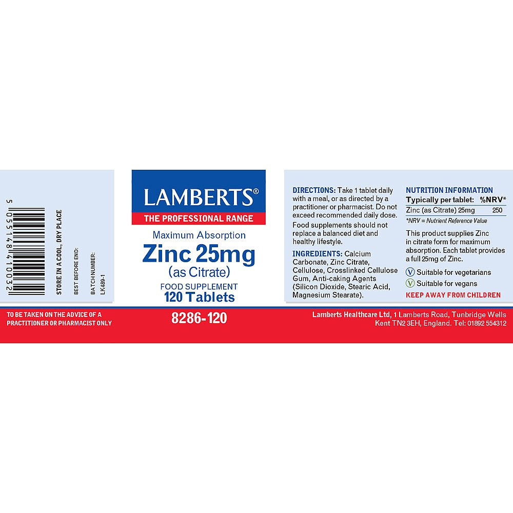 Lamberts Zinc 25mg (as Citrate) 120's