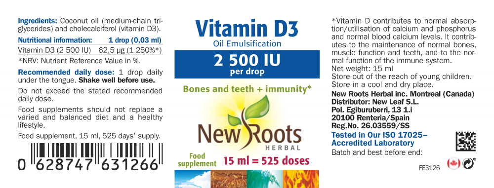 New Roots Herbal Vitamin D3 2500iu Liquid 15ml