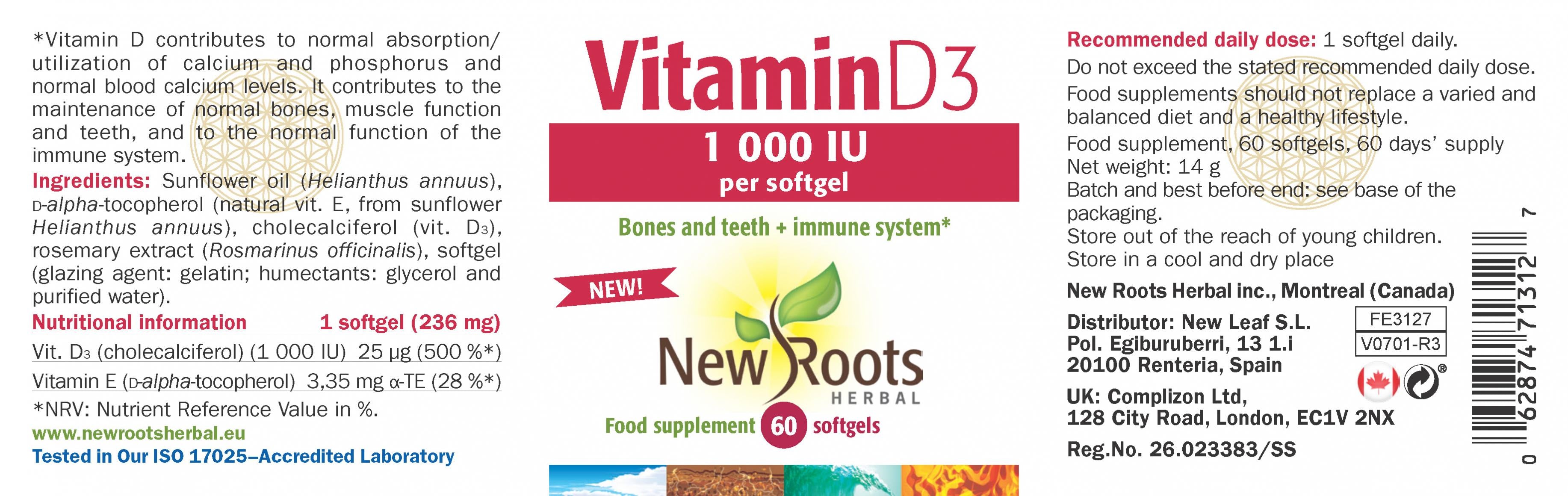 New Roots Herbal Vitamin D3 1000iu 60's