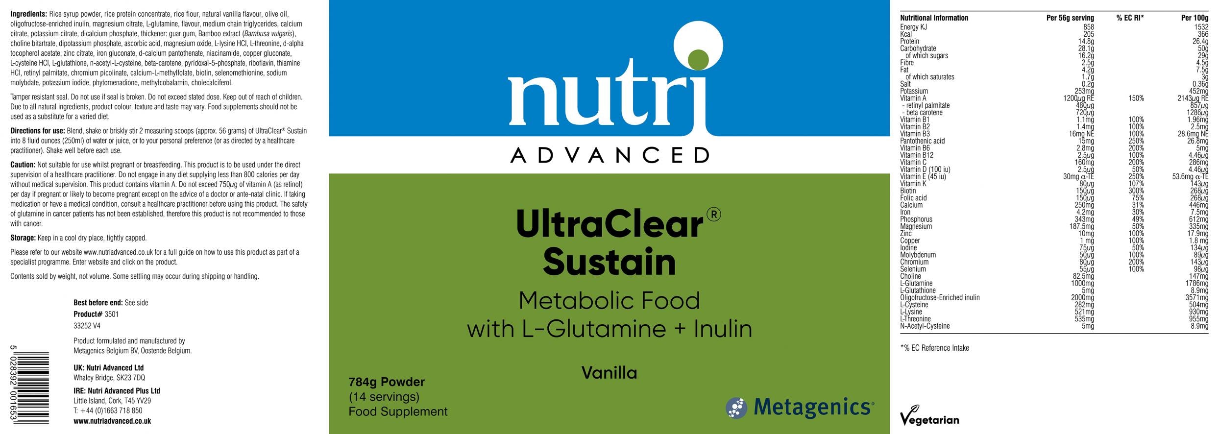 Nutri Advanced UltraClear Sustain Vanilla 784g (14 servings)