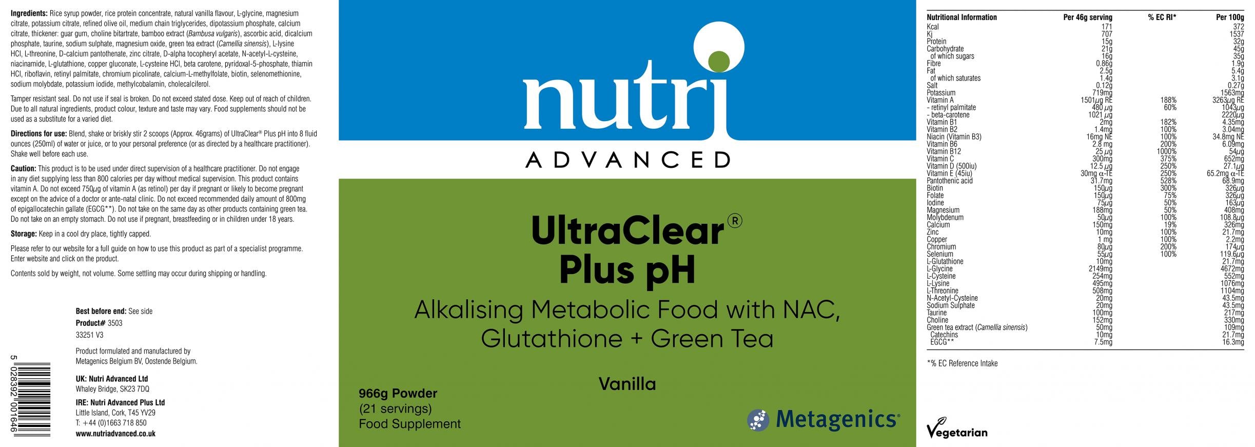 Nutri Advanced UltraClear Plus pH Vanilla 966g (21 servings)