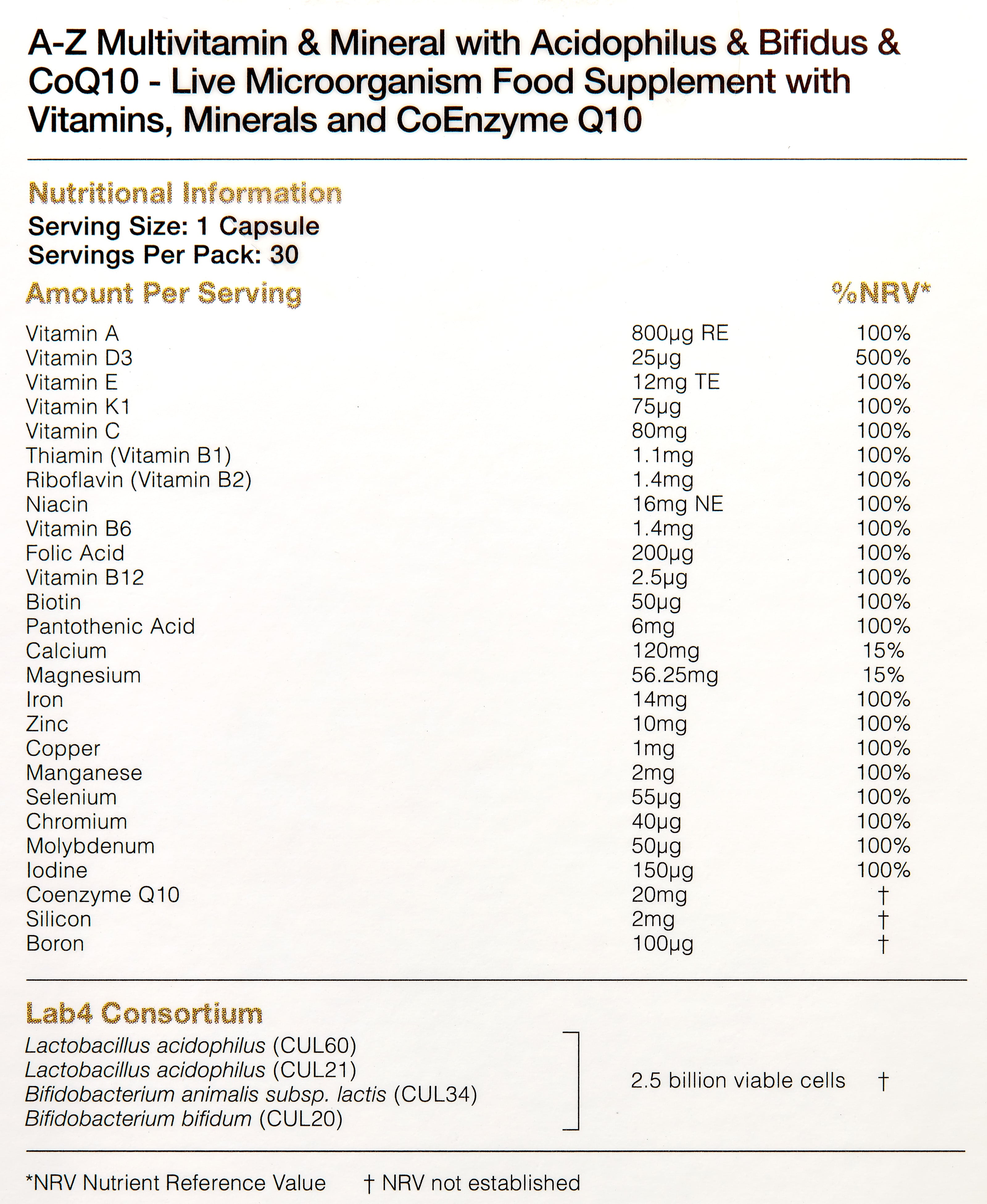 Proven Probiotics A-Z Multivitamin & Mineral with Friendly Bacteria & CoQ10 30's