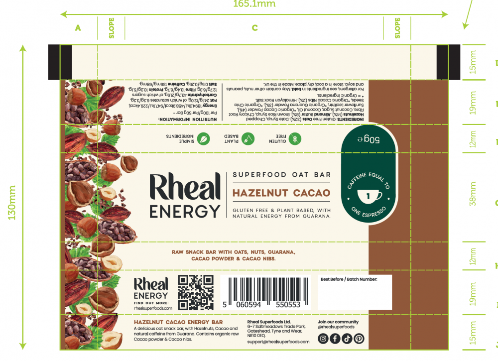 Rheal Superfoods Energy Superfood Oat Bar Hazelnut Cacao 50g SINGLE