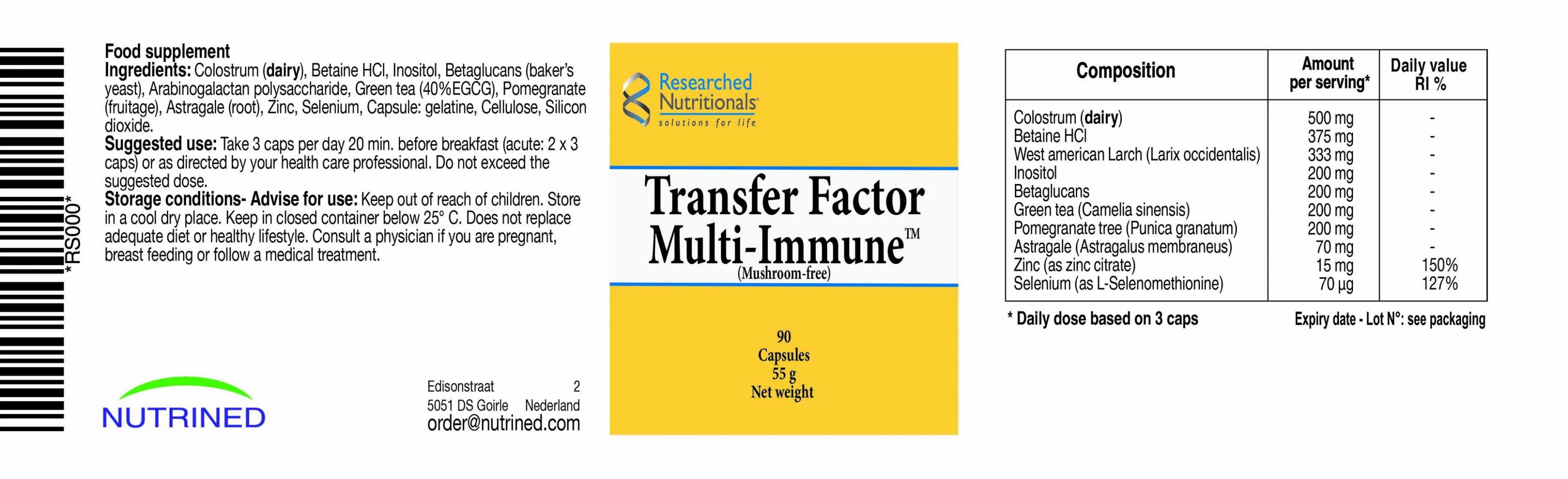 Researched Nutritionals Transfer Factor Multi-Immune (Mushroom Free) 90's