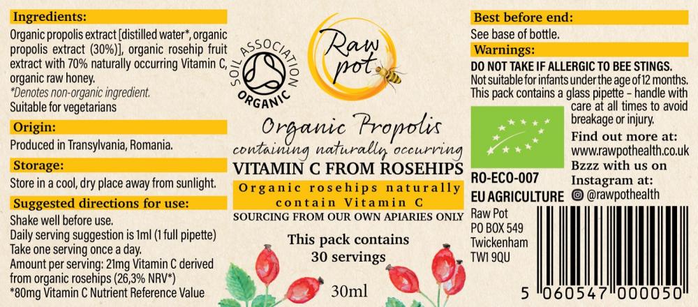 Raw Pot Organic Propolis with Vitamin C from Rosehips 30ml