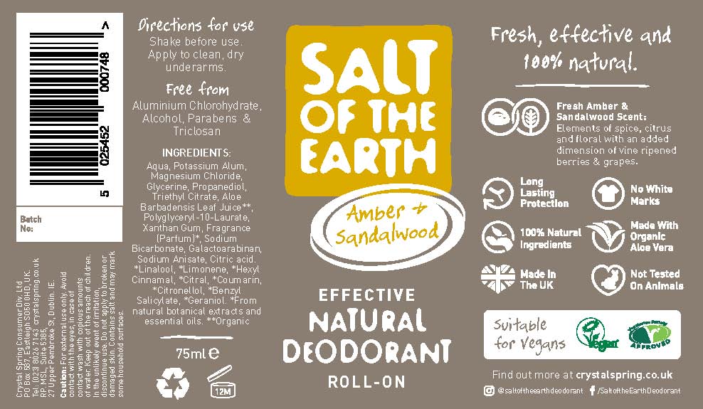 Salt of the Earth Amber & Sandalwood Natural Deodorant Roll-On 75ml