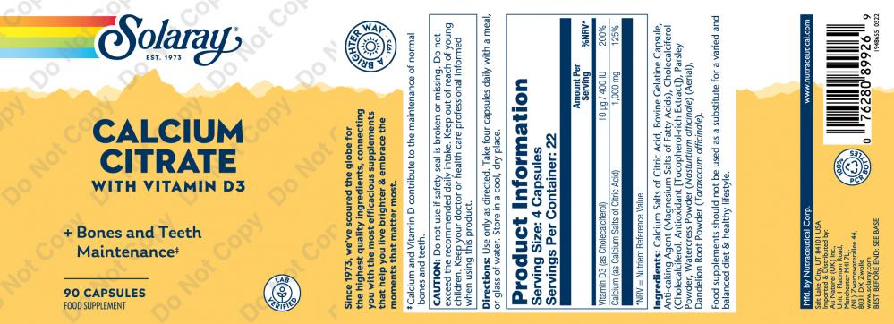 Solaray Calcium Citrate with Vitamin D3 90's