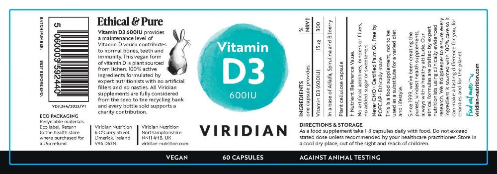 Viridian Vitamin D3 600IU 60's