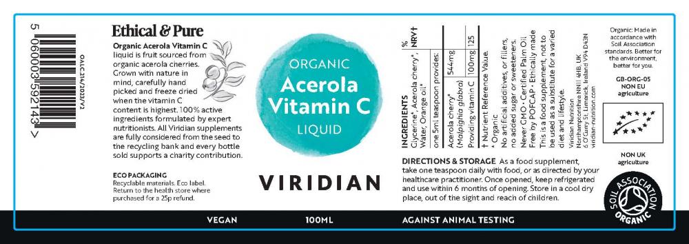 Viridian Organic Acerola Vitamin C Liquid 100ml