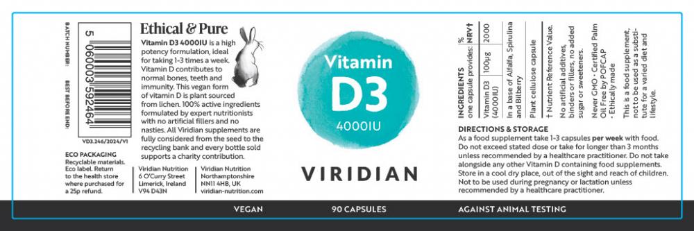 Viridian Vitamin D3 4000iu 90's