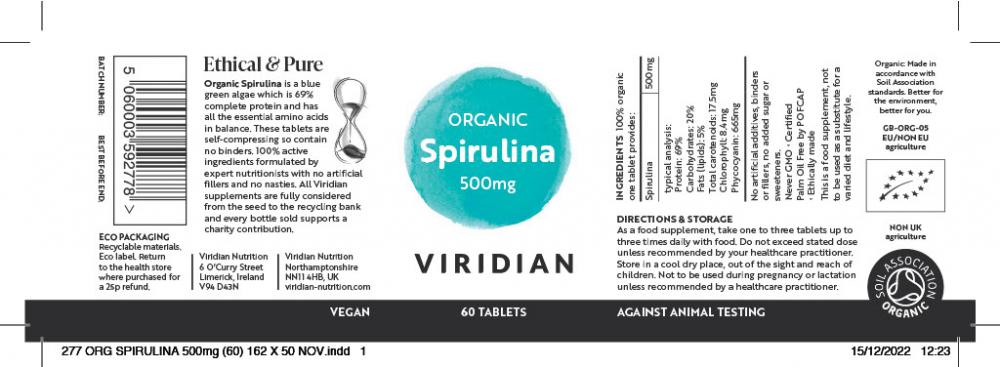 Viridian Organic Spirulina 500mg 60's