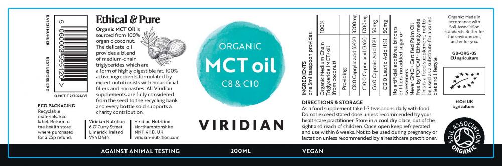 Viridian Organic MCT Oil C8 & C10 200ml