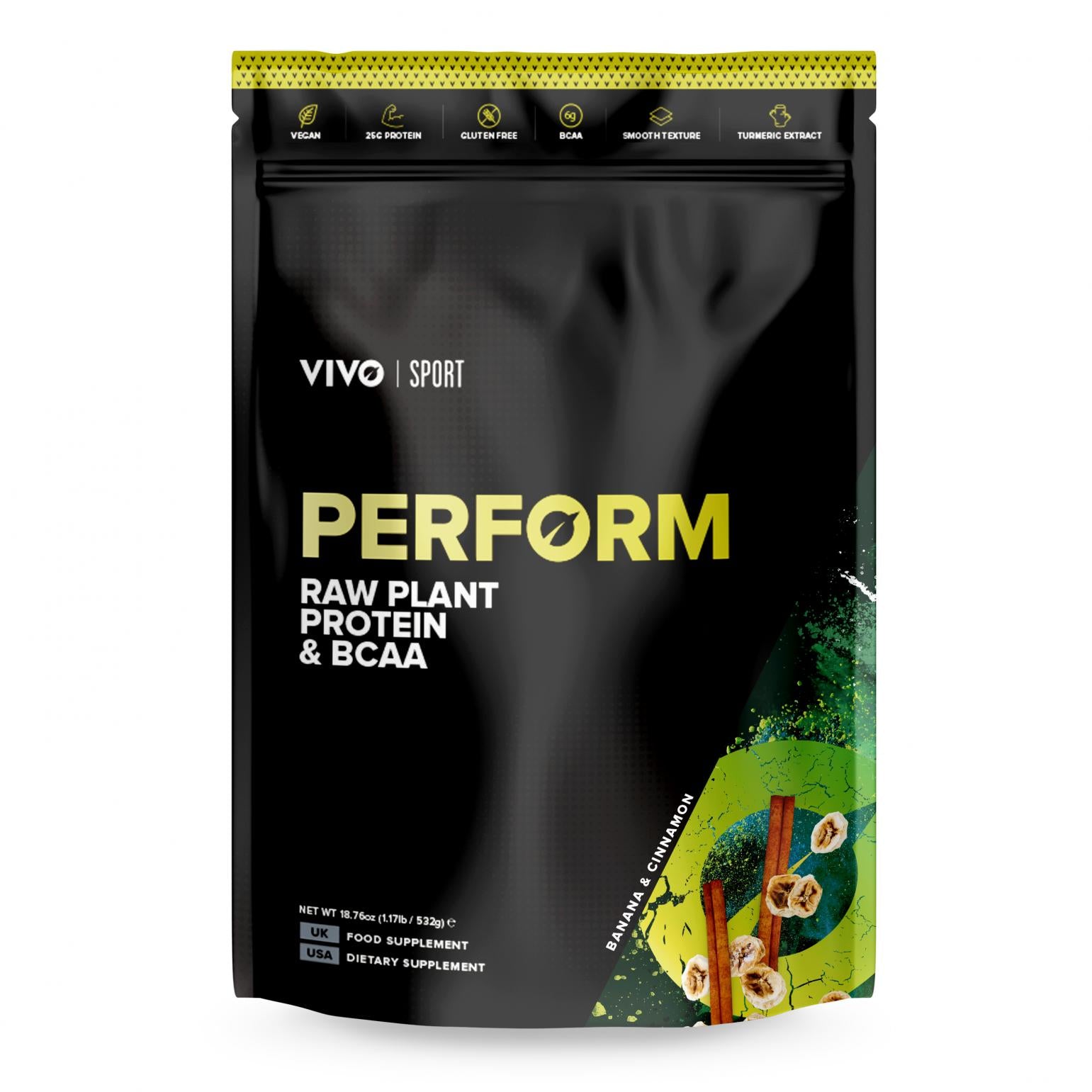 Vivo Life Perform Raw Plant Protein & BCAA Banana & Cinnamon 532g