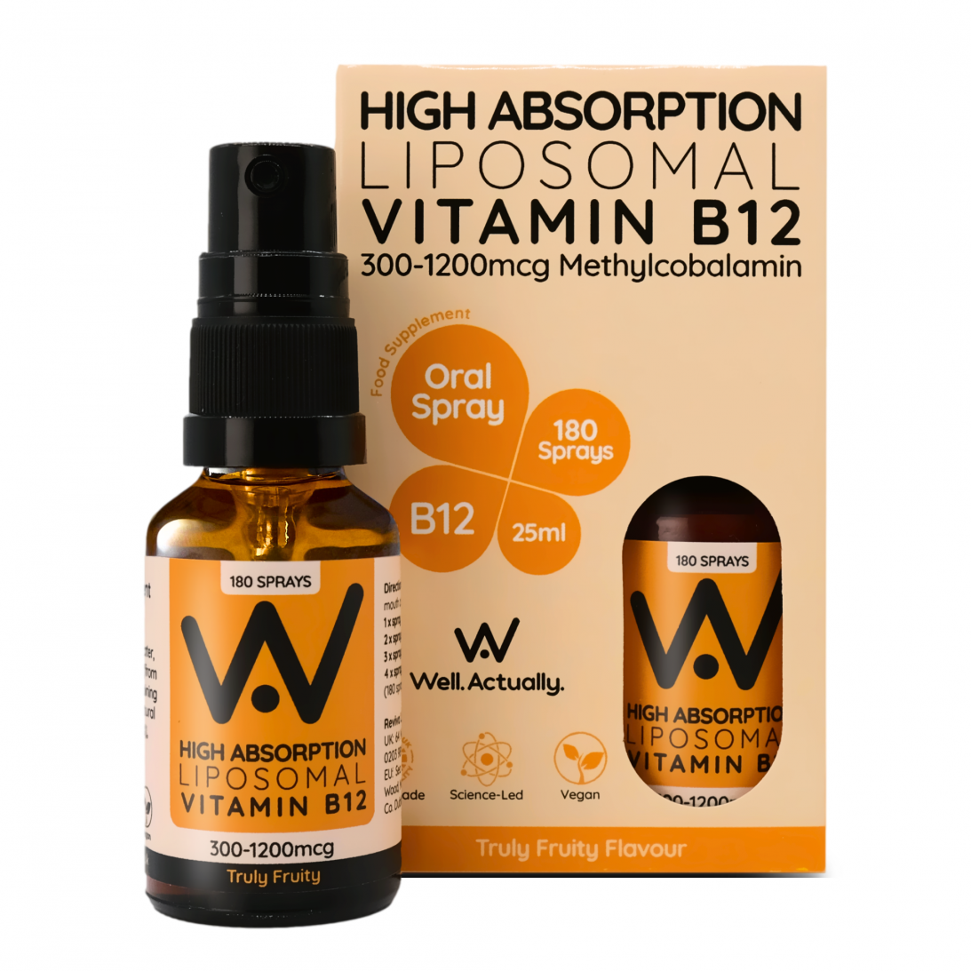 Well.Actually. High Absorption Liposomal Vitamin B12 300-1200mcg Methylcobalamin Oral Spray Truly Fruity Flavour 25ml