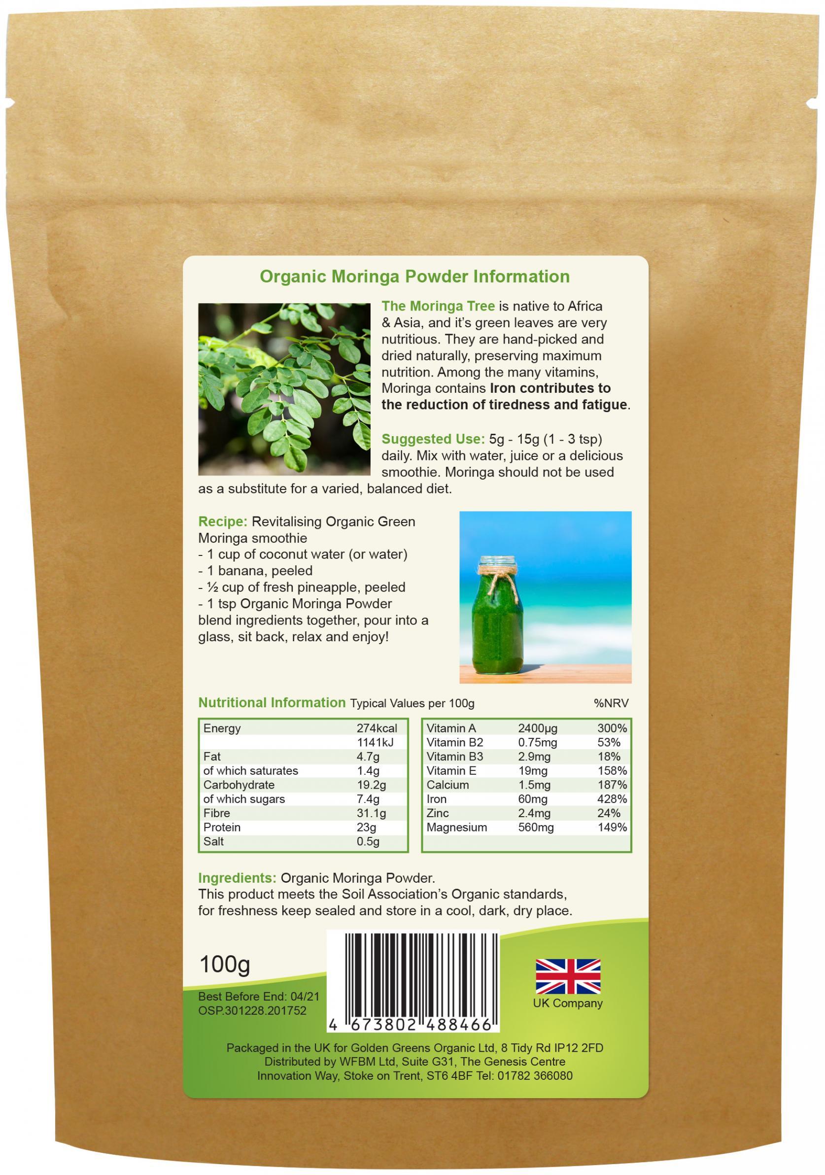 Golden Greens (Greens Organic) Organic Moringa Powder 100g - Approved Vitamins