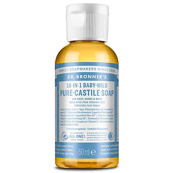 Dr Bronner's Magic Soaps 18-in-1 Hemp Unscented Baby-Mild Pure-Castile Liquid Soap 60ml - Approved Vitamins