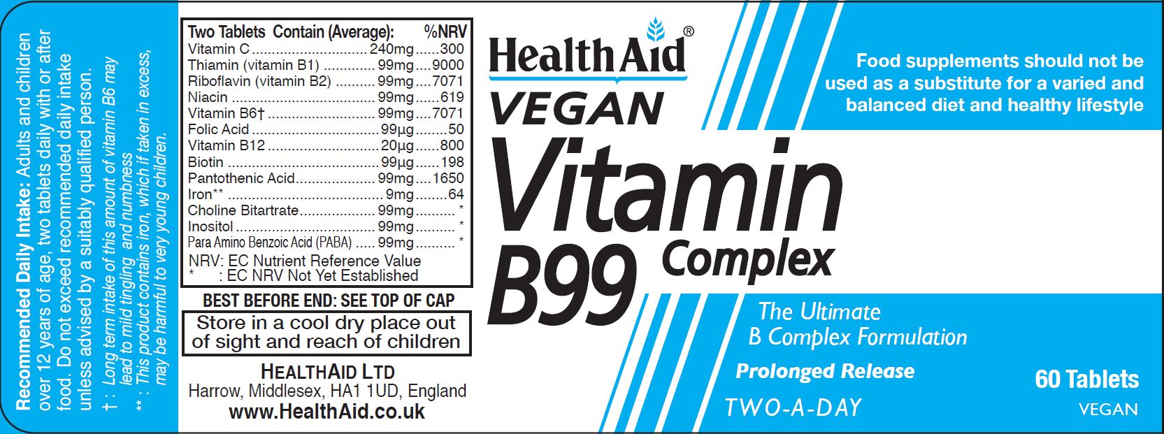 Health Aid Vegan Vitamin B99 Complex 60's