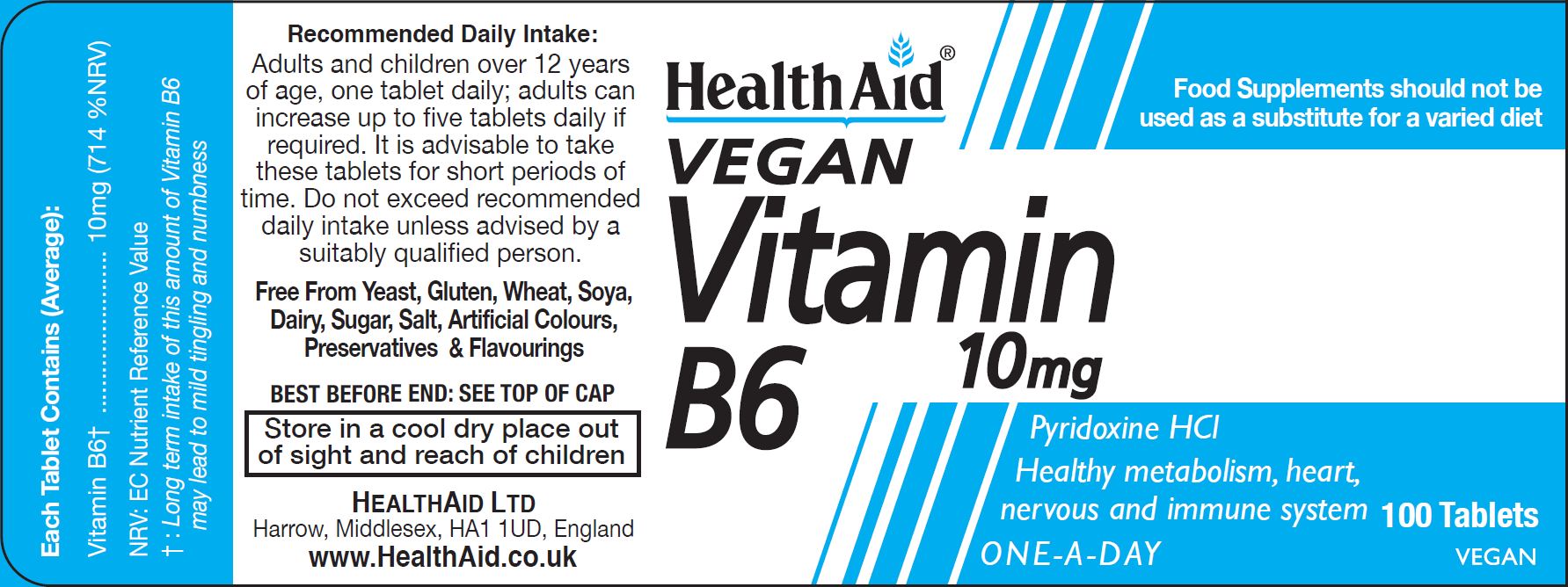 Health Aid Vegan Vitamin B6 10mg 100's