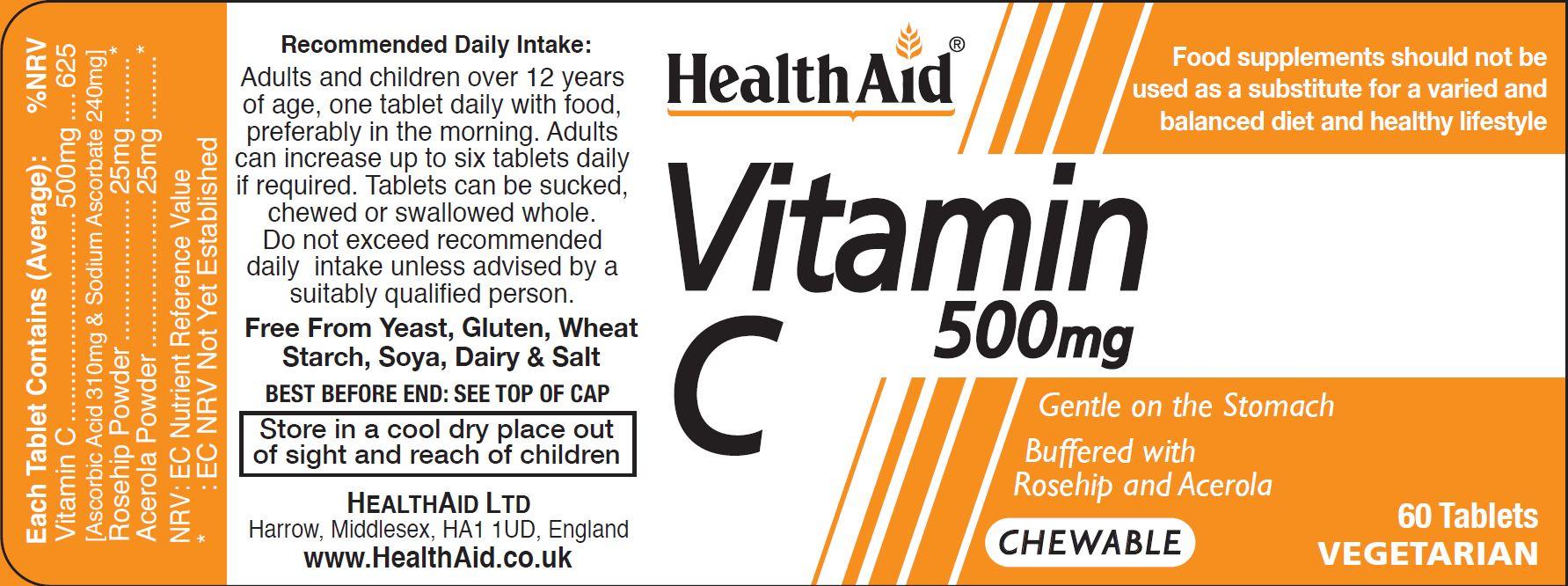 Health Aid Vitamin C 500mg  Chewable Orange Flavour 60's - Approved Vitamins