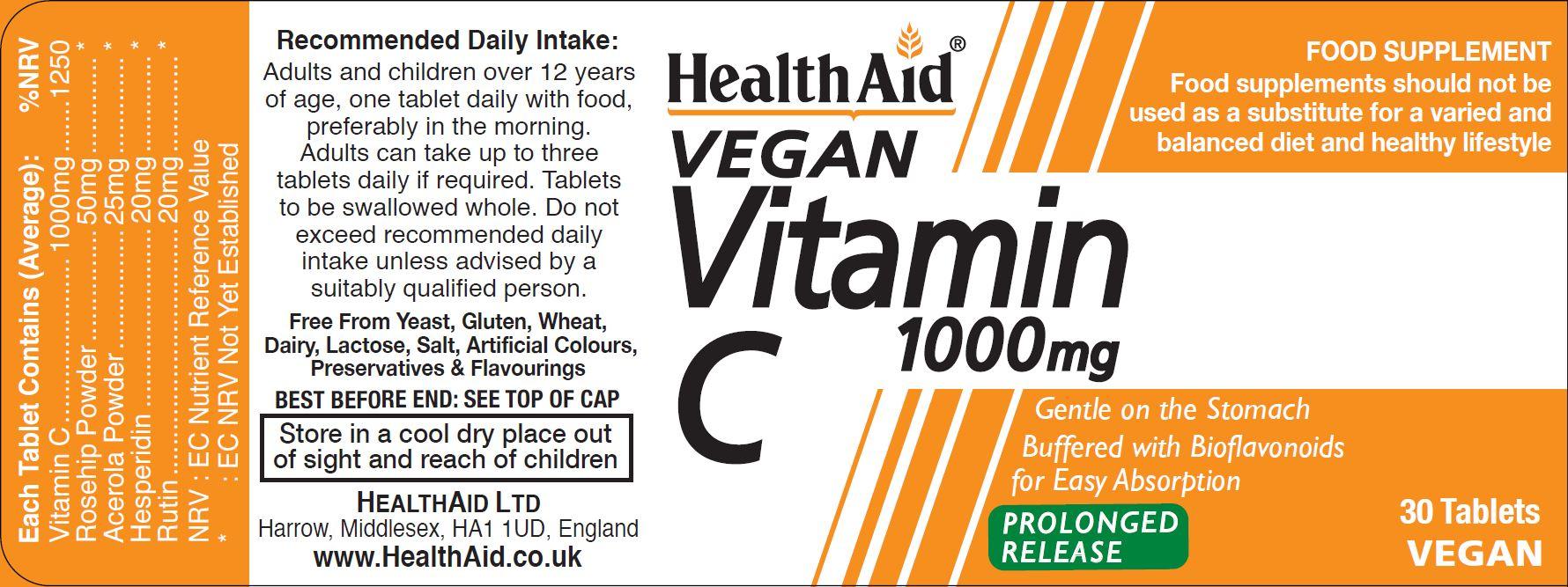 Health Aid Vegan Vitamin C 1000mg Prolonged Release 30's - Approved Vitamins