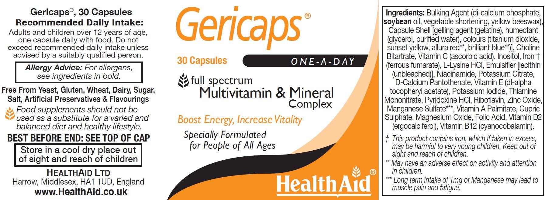 Health Aid Gericaps Multivitamin & Mineral Complex  30's - Approved Vitamins