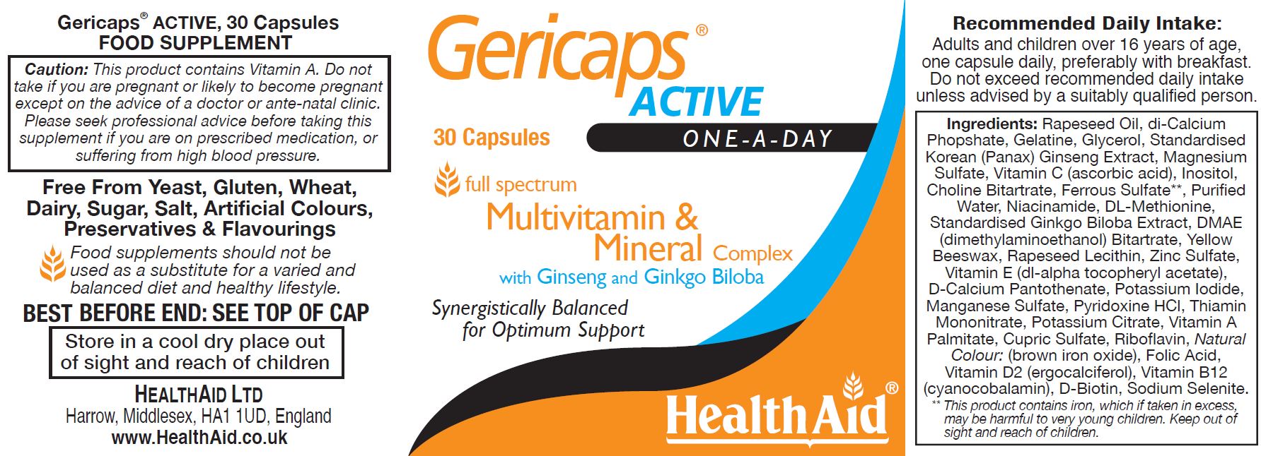 Health Aid Gericaps Active Multivitamin & Mineral Complex 30's
