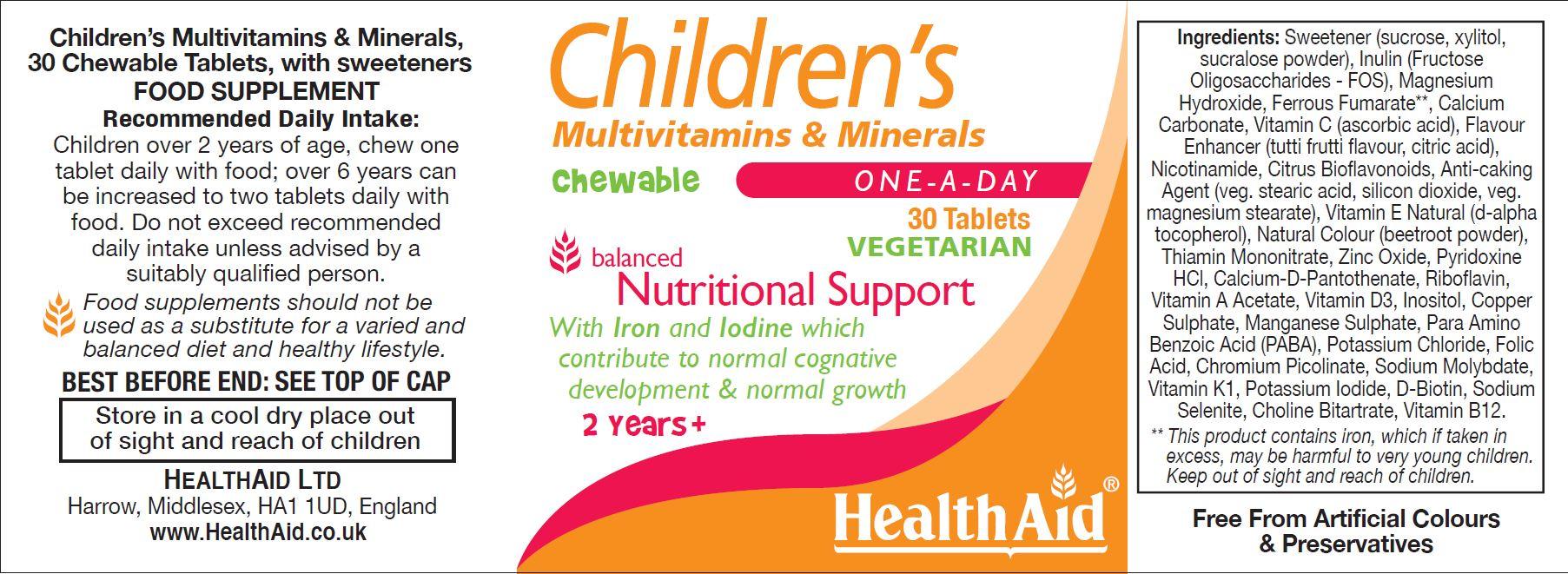 Health Aid Children's Multivitamins & Minerals Tutti Fruity Flavour 30's - Approved Vitamins