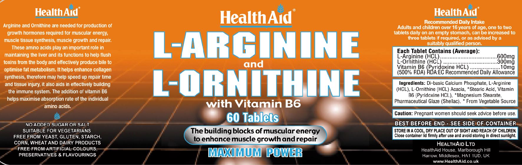 Health Aid L-Arginine and L-Ornithine with Vitamin B6  60's